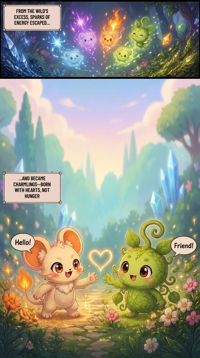 Comic page: Sparks escape the Wilds and become Charmlings born with hearts, not hunger.