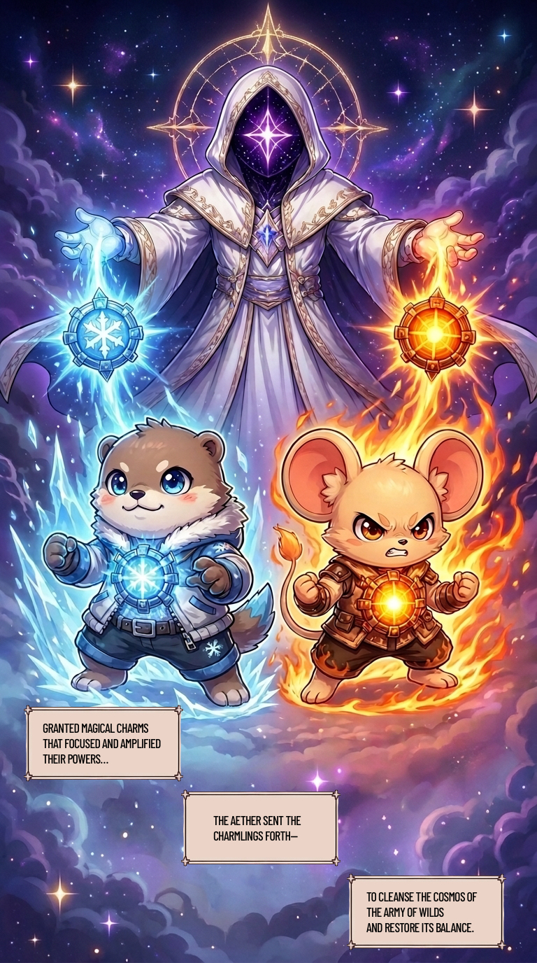 Comic page: The Aether stands above ice and fire Charmling companions.
