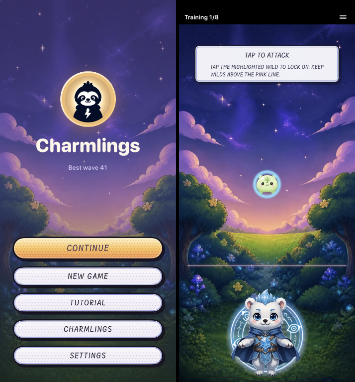 Charmlings tutorial screenshot showing three lanes of Wilds approaching while a Charmling fires its beam.