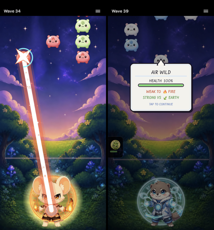 Charmlings gameplay screenshots showing a Charmling firing its beam and a information panel showing enemy details.