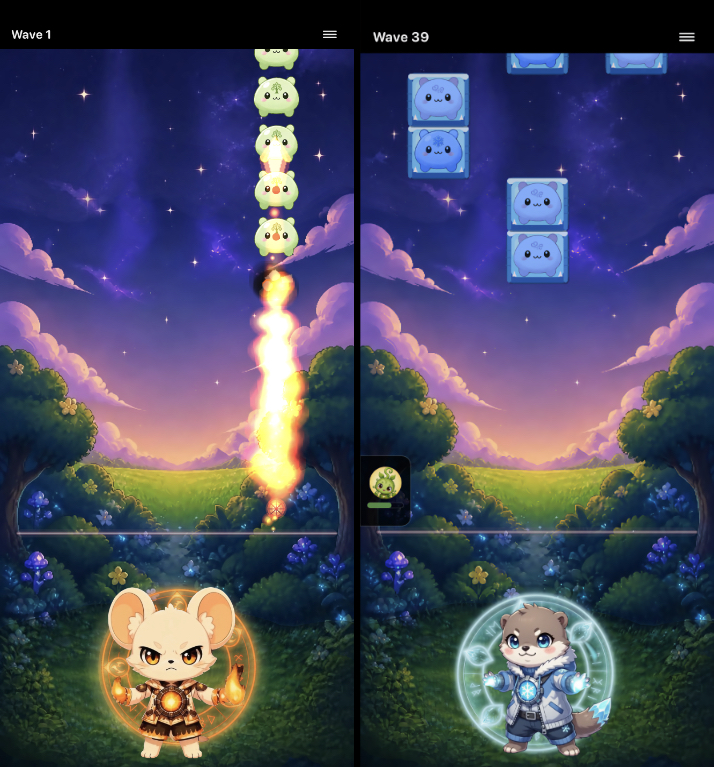 Charmlings gameplay screenshots showing fire and ice battlefield effects.