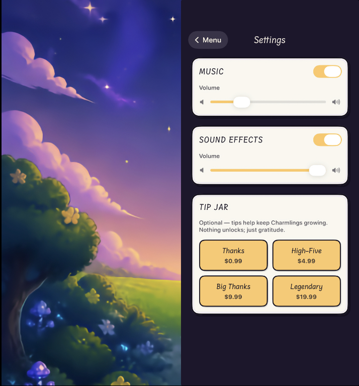 Charmlings screenshot showing option Tip Jar donation page.